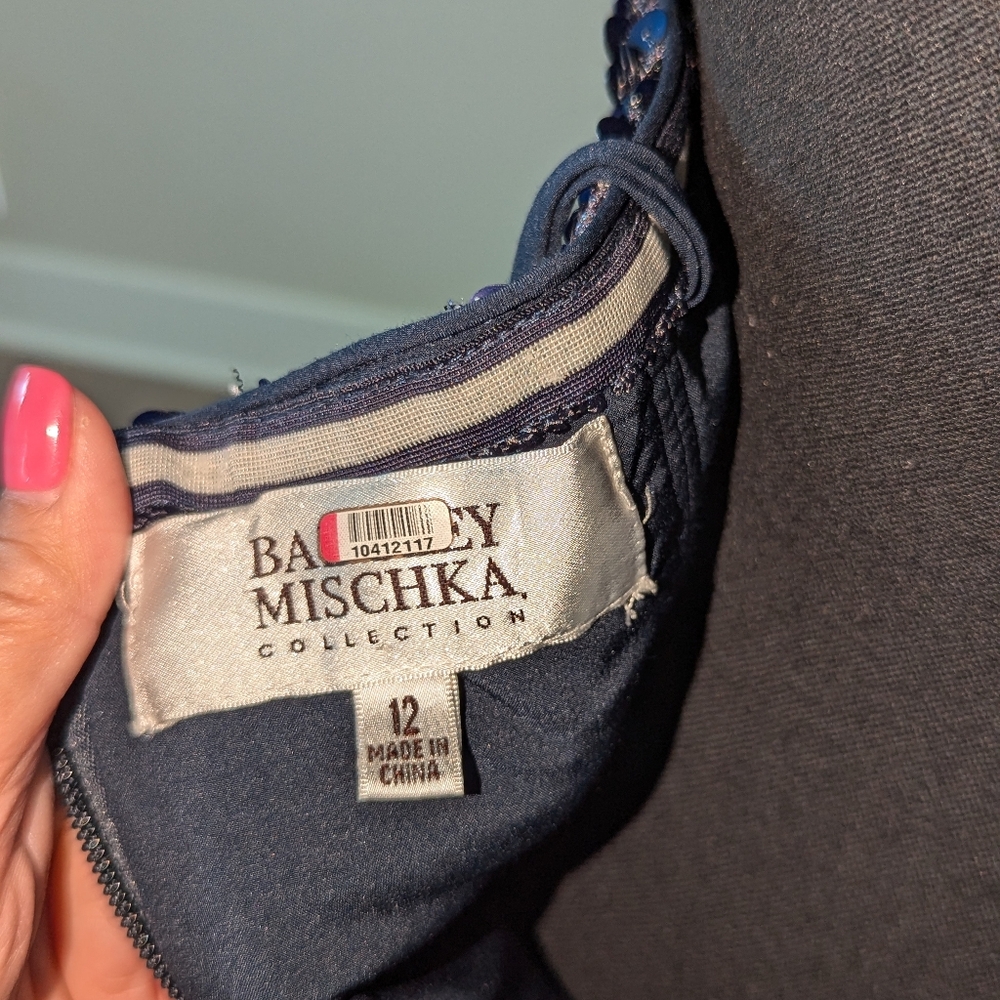 Badgley Mischka Navy Blue Strapless Sequins Ruffle Long Gown Dress Size 12 - Picture 12 of 16